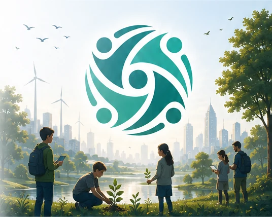 Young people planting trees in a green city with wind turbines, under the ClimateTogether emblem